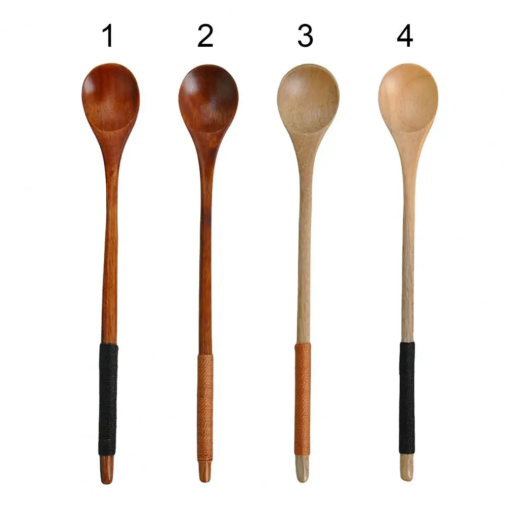 Wooden Spoon Bamboo Soup Teaspoon Wire Wrapped Long Handle Deluxe Wooden Multifunction Stirring Spoon for Kitchen Cooking Tool