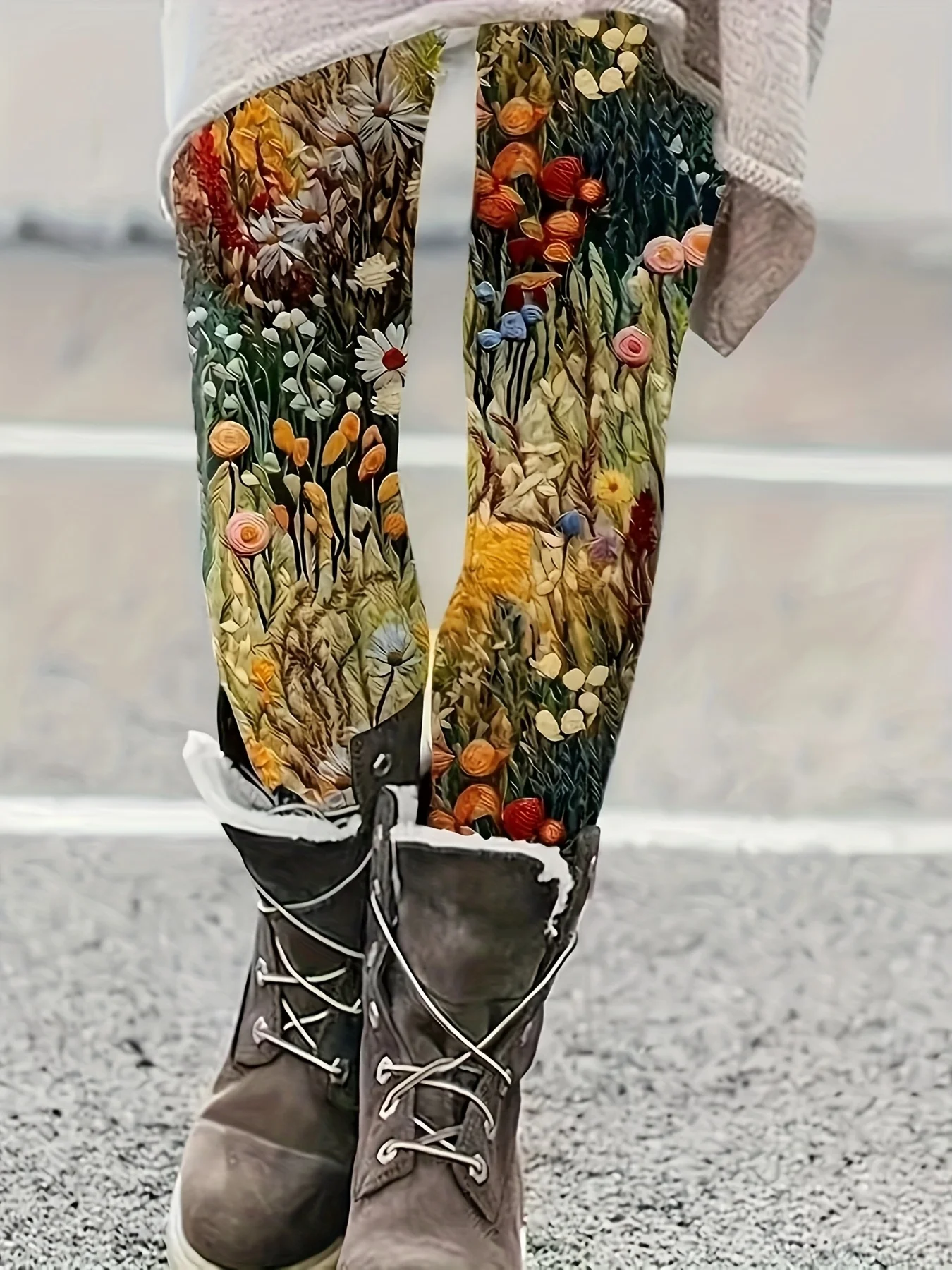Women Mid Waist Fleece Lined Leggings Vintage Wildflower Oil Painting Print Slim Fit Thermal Winter Pants