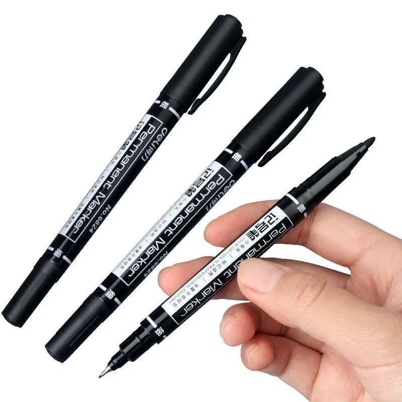 10 Pcs/Set Wholesale Twin Tip Permanent Marker Pen Fine Point Waterproof Ink Thin Nib Crude Nib Black Ink 0.5mm-1mm Fine Color