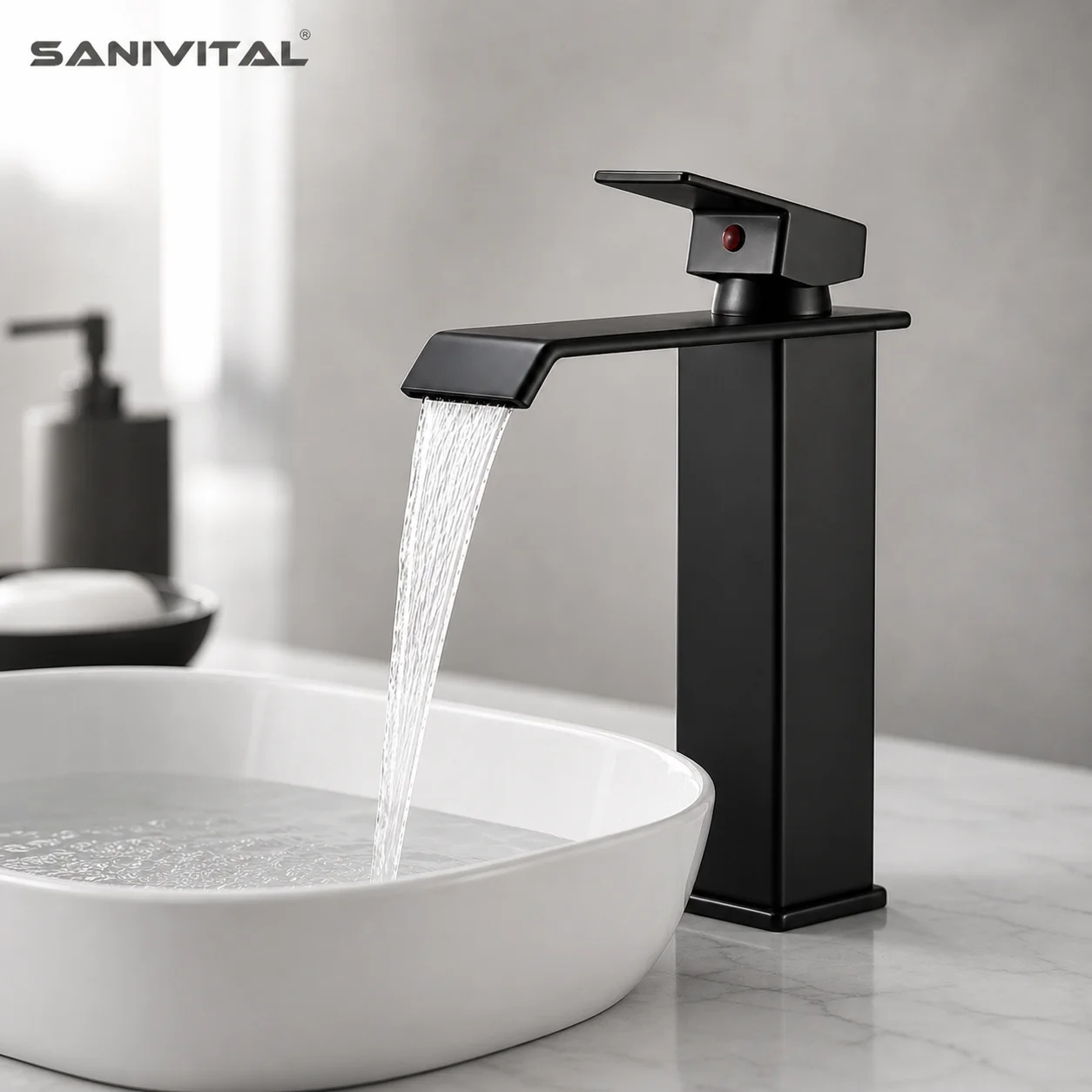 

SANIVITAL Matte Black Waterfall Bathroom Vessel Sink Faucet Single Handle Hot Cold Basin Mixer Tap for Bathroom