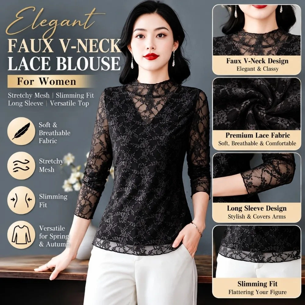 Fake V Neck Women Lace Shirt Stretchy Mesh Floral Lace Mock V Neck Blouse Long Sleeve Hides Extra Fat Long Sleeve Top
