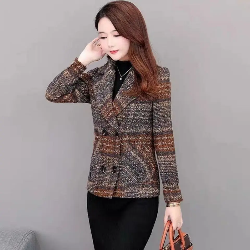 Algodão retro xadrez acolchoado misturas jaqueta mulher meio tweed lã mistura casaco para mulher curto outono quente novidade outerwears na moda