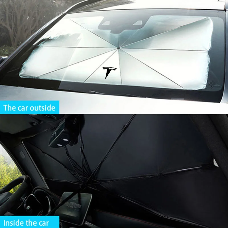 Car Logo Sun Umbrella Windshield Block Heat UV Sun Shade Umbrella For Tesla Model 3 Model S Model X Model Y Roadster Car Styling