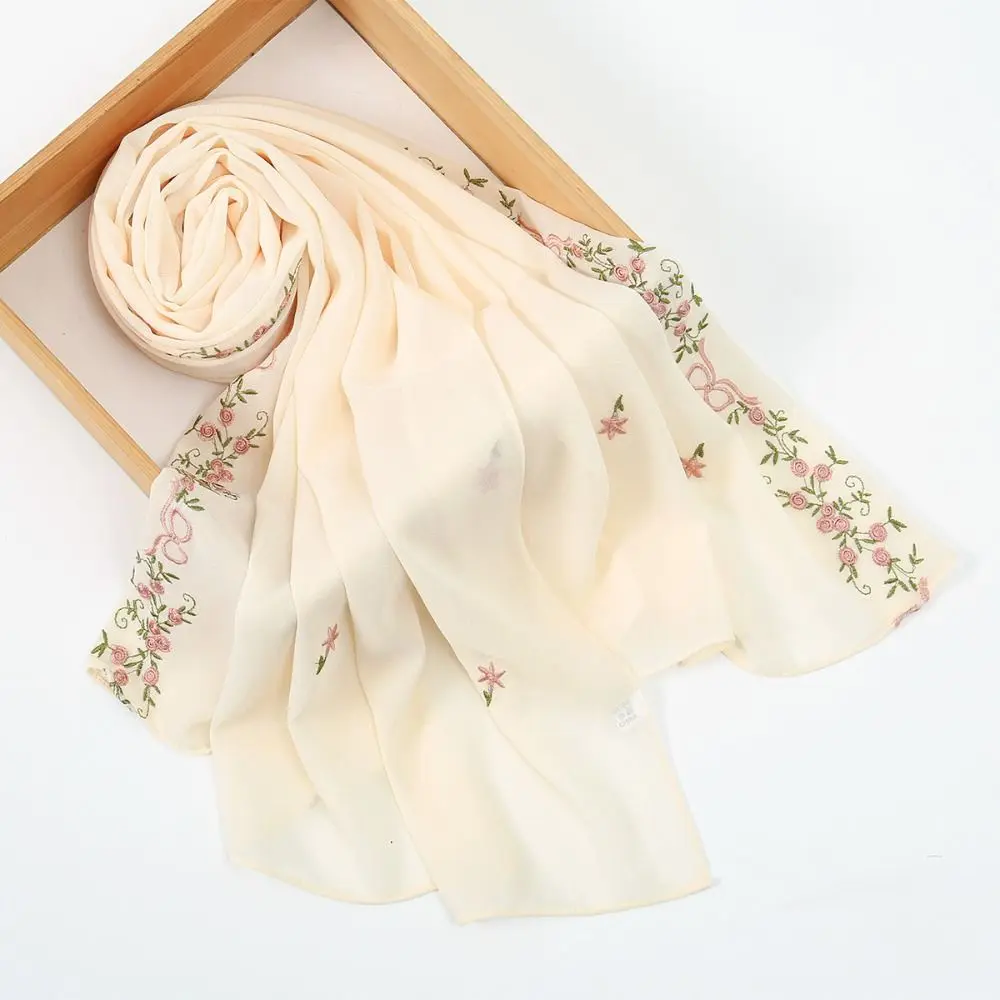 

Breathable Chiffon Material Ramadan Hijab Scarf Plain 170*70cm Summer Femme Shawl Floral Embroidery Bandana Scarf Ramadan Season