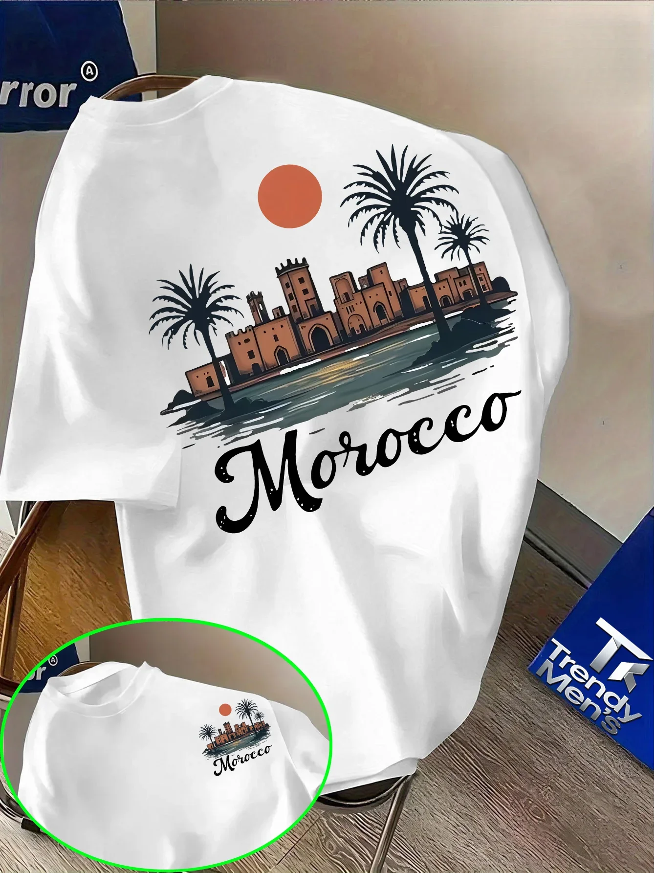 High-quality Pure Cotton Men's T-shirt, Featuring a Retro City Castle Landscape Print, Breathable Holiday Street Style.