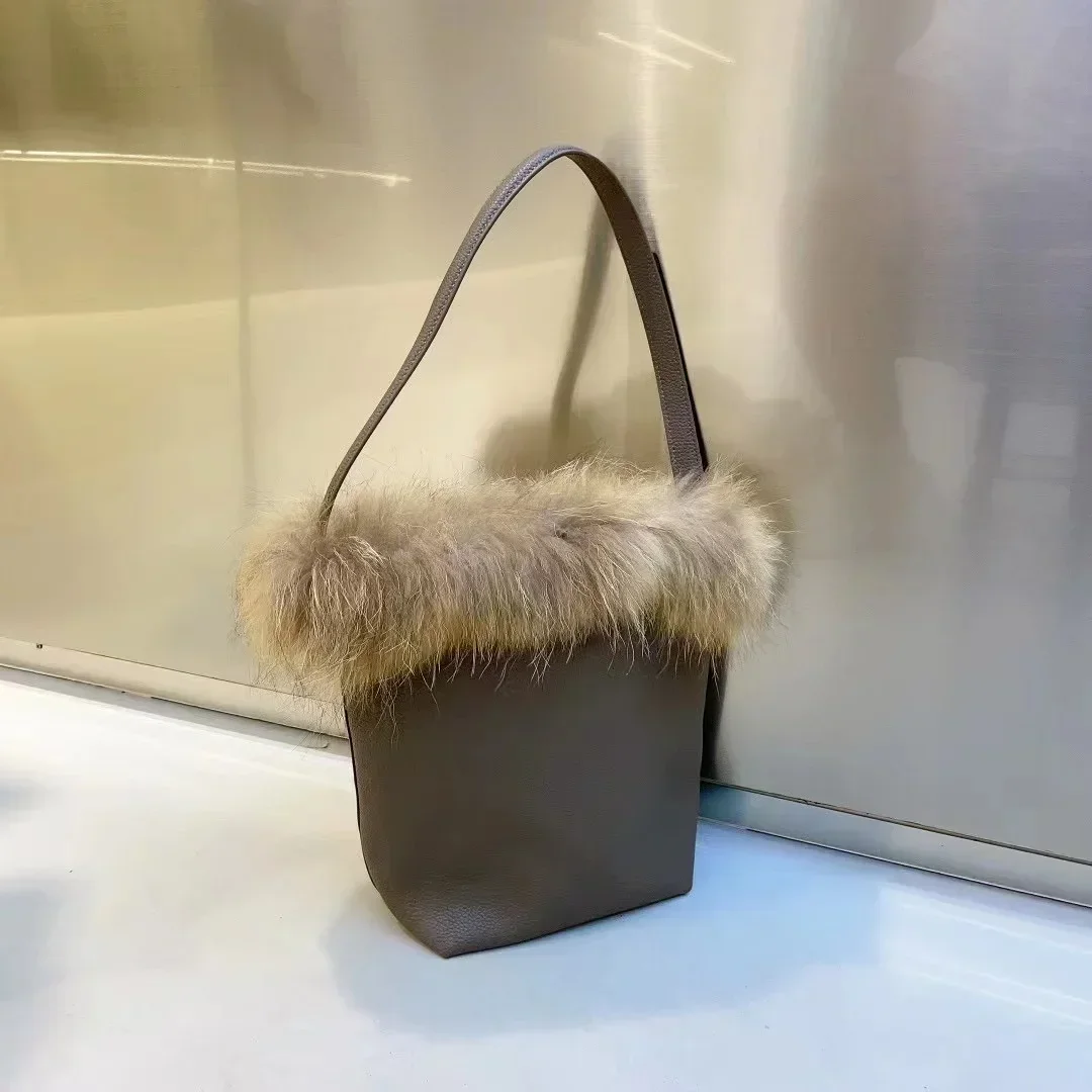 Quality Mink Hair Soft Leather Bucket Bags Women Fashion Handbag Shoulder Underarm Bag Lady Purse Female Tote Bag Composite Bag