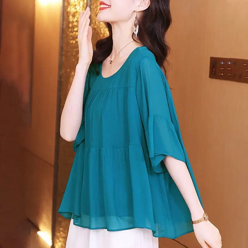 Summer New Chiffon Loose Shirt Tops Round Neck Short Sleeve Solid Color Blouse Casual Fashion Women Clothing