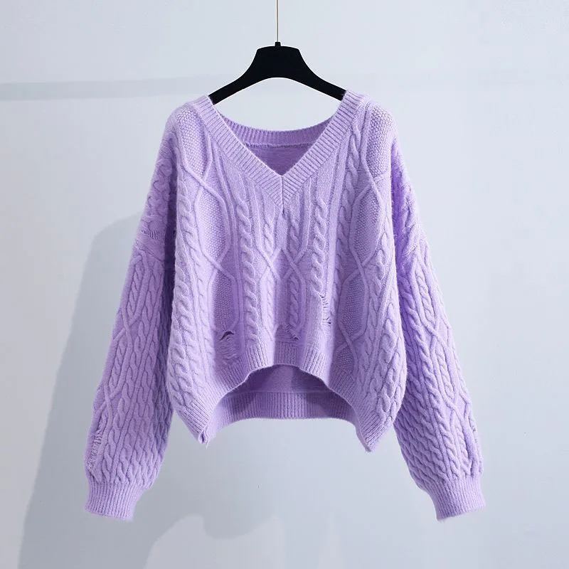 Lazy Style Irregular Knitted Sweater Women Casual Loose Long Sleeve V-Neck Jumper Tops Autumn Winter Thick Warm Jersey Pullover