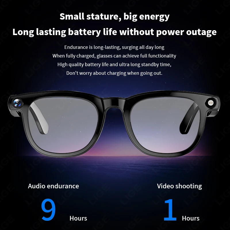 LIGE 800W HD AI النظارات الذكية مع كاميرا تسجيل فيديو صور 270mAh بلوتوث دعوة صوت مساعد ترجمة عدسات النظارات الشمسية