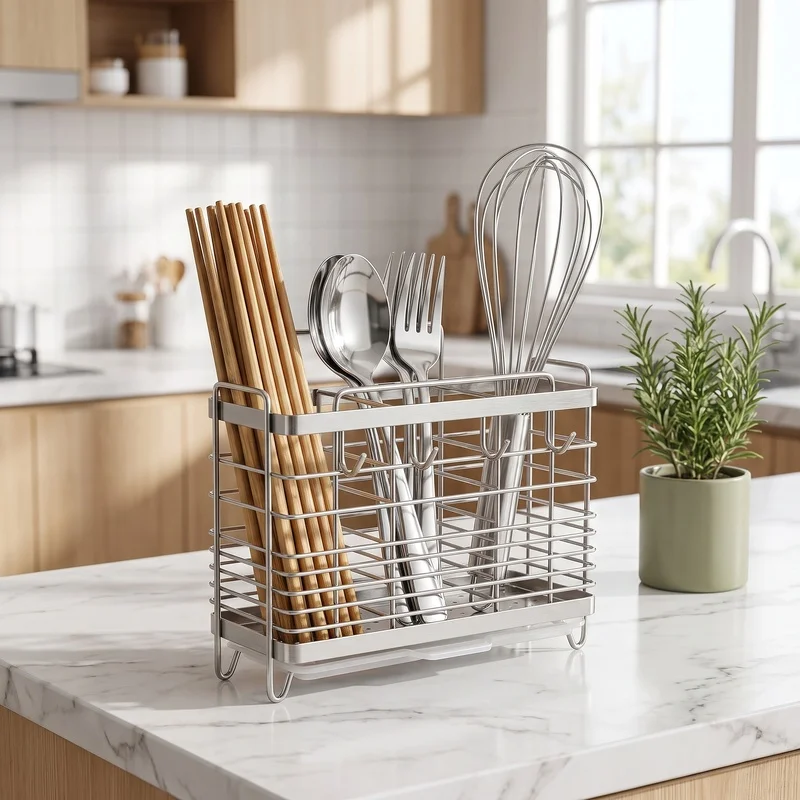 Chopsticks, spoons, and cutlery storage rack made of stainless steel, with a drainage feature, for home kitchen wall-mounted or