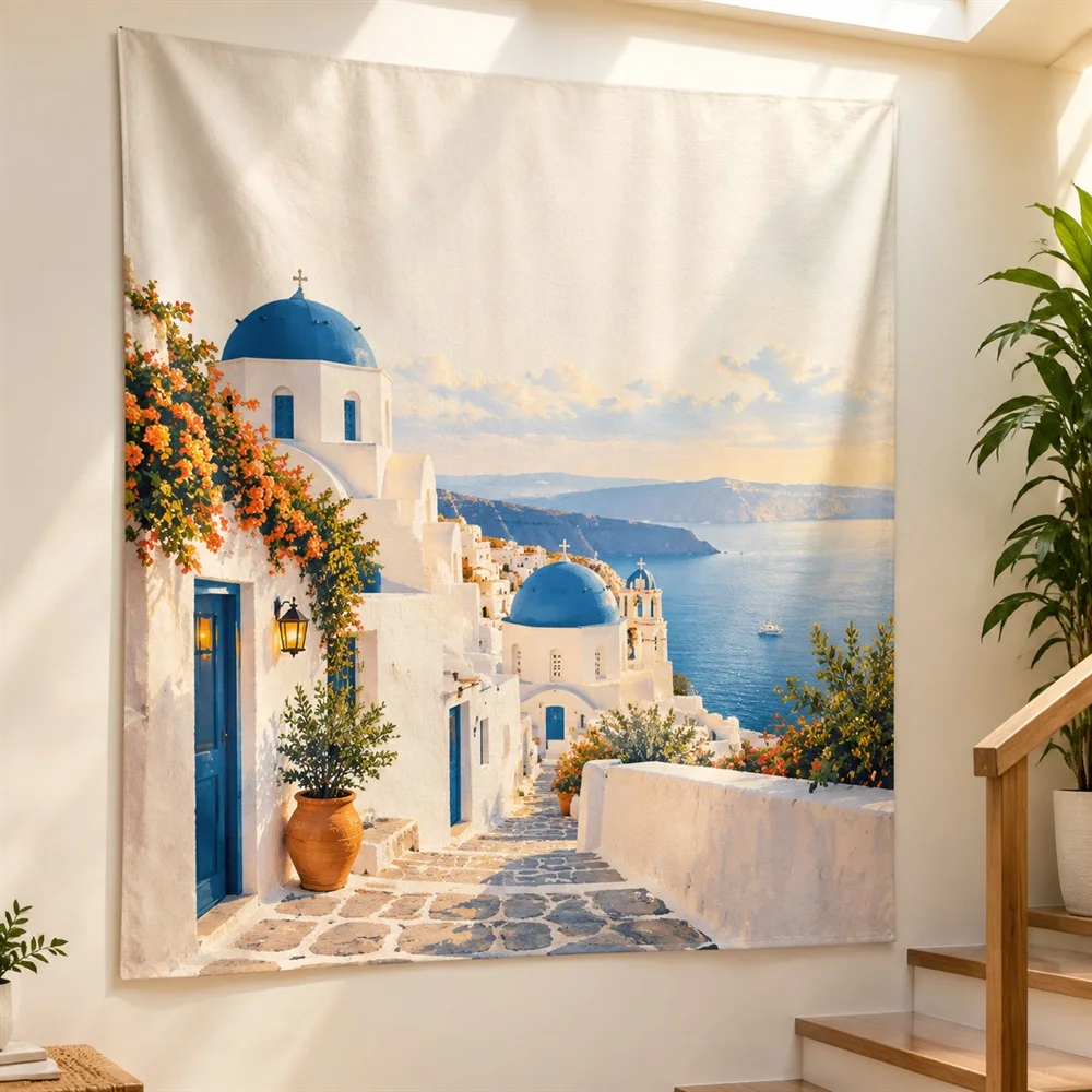 VIKAMA Mediterranean Town Tapestry Wall Hanging, Coastal Village Coastal Aesthetic Room Decor Tapestries for Living Room Bedroom