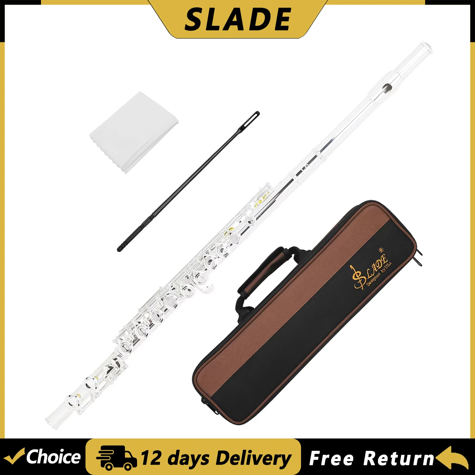 SLADE 16-hole Flute Key of C Closed Hole Silver-plated White Brass Curved E-key Flute Performance Woodwind Instruments With Part