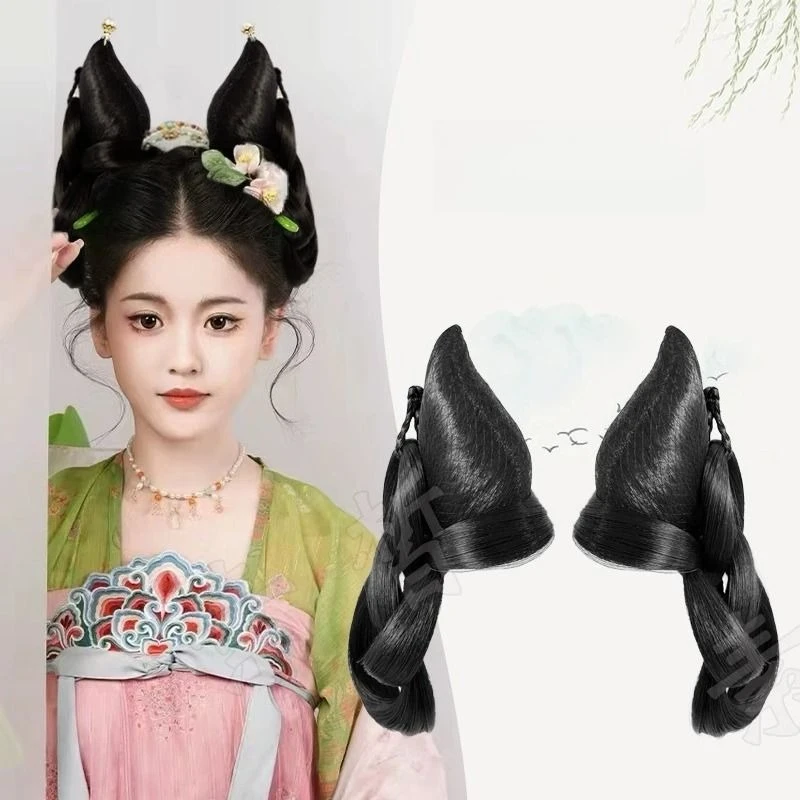 Chinese Ancient Hanfu Hair Bun Integrated Lazy Style Tang Dynasty Hair Accessories Hairstyle Women Black Wig Cosplay