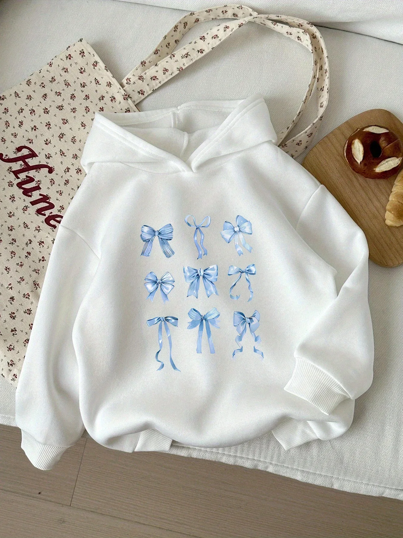 Kids Cute Blue Bow Ribbon Hoodie Coquette Style Graphic Pullover Autumn Winter Fleece Warm Girls Casual Hooded Sweatshirt