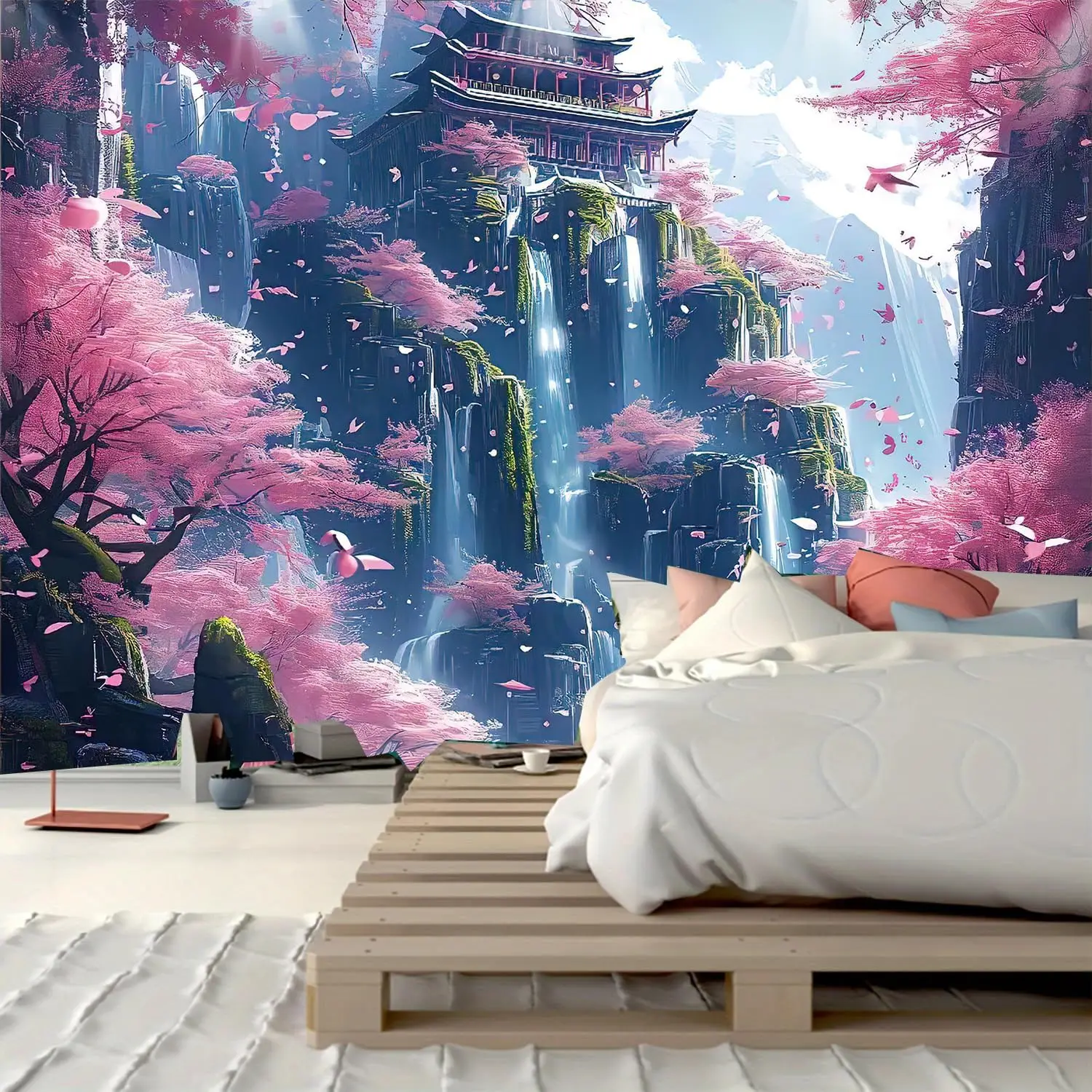 Japanese Aesthetic Pink Cherry Blossom Tree Tapestry Building On Mountains Waterfall River Fairytale World Asian Art Tapestry