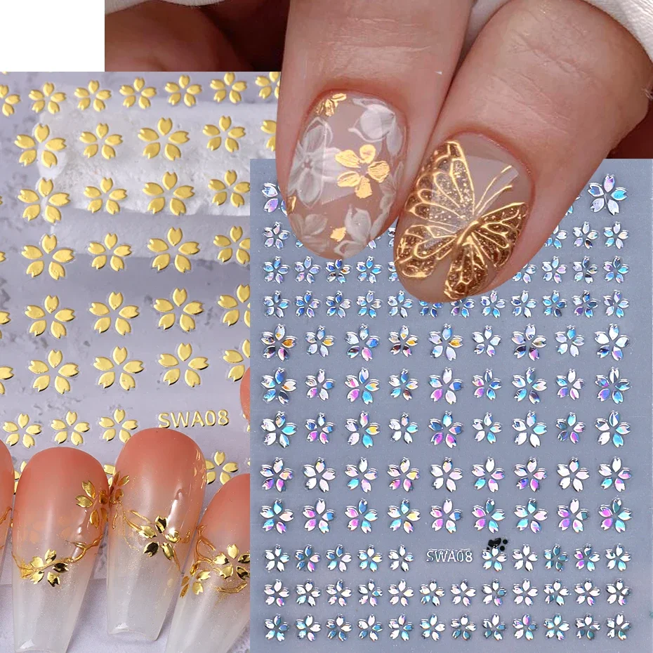 3D Laser Silver Sakura Flower Nail Art Sticker Holographic Foils White Floral Decals Adhesive Sliders Cherry Blossom Manicure