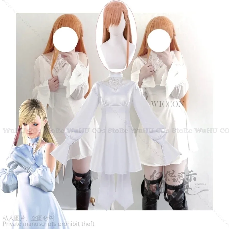 Juego de Anime FF14 Ryne Lolita Minfilia, disfraz de Cosplay blanco, bonito vestido de encaje, peluca de juego de rol, pelo largo y liso, fiesta de Navidad para mujer