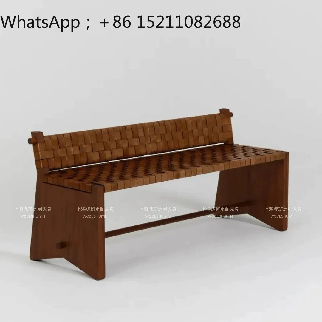 LLY medieval dining room living room solid wood bench backrest saddle leather woven dining chair door shoe change stool