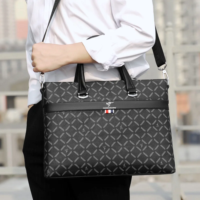 New Brand Men's Bag High-end Leather Briefcase Large Capacity Business PVC Handbag Work Bag for Men with Geometric Pattern