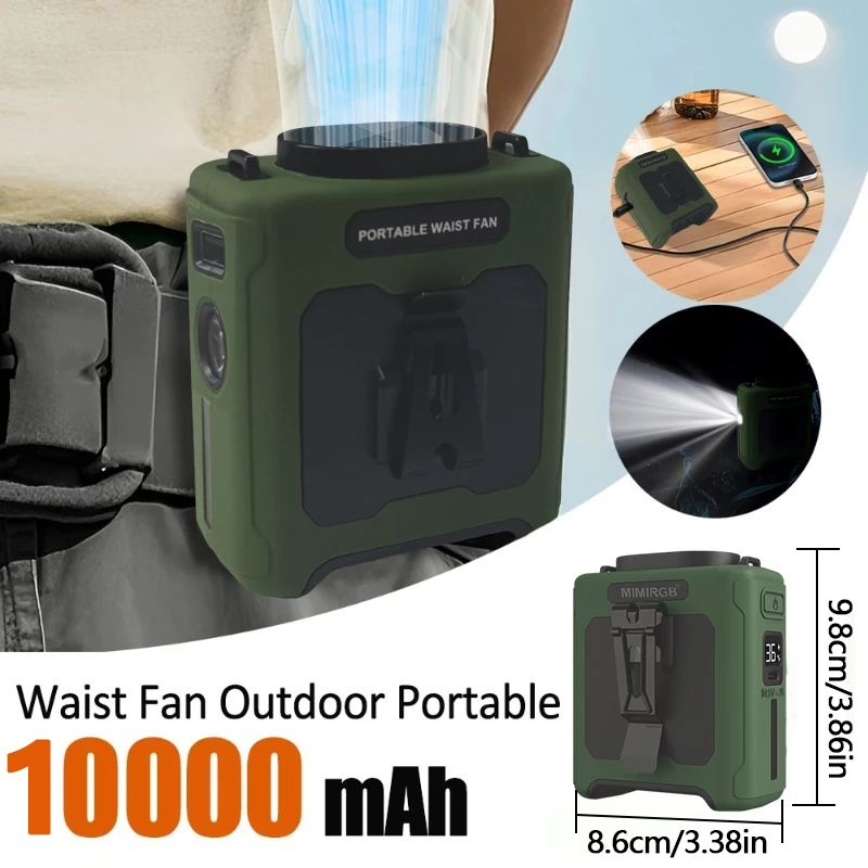 Draagbare tailleventilator 10000 mAh met Power Bank LED-verlichting Hangende nekventilator 5 snelheden Sterke luchtstroom Koelventilator voor werken buitenshuis