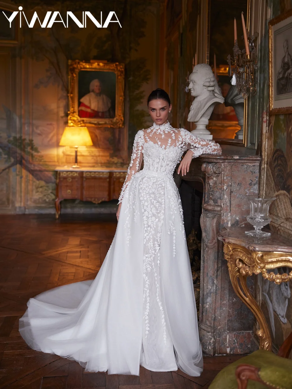 

White Shinny 3D Floral Wedding Dress Detachable Train Mermaid Long Bridal Gown Customized Modest High Collar Dresses For Bride