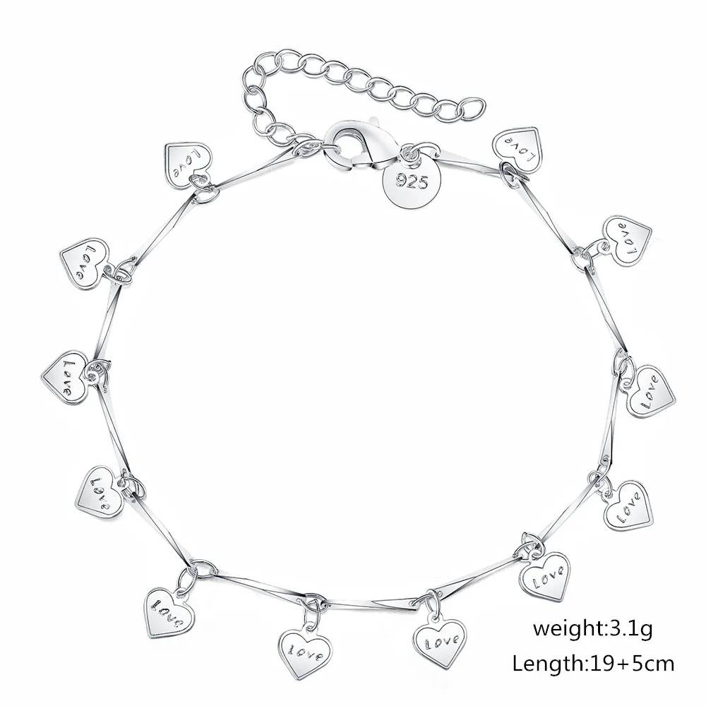Hot Fine 925 Sterling Silver Romantic LOVE Heart Card Bracelets for Women Fashion Wedding Party Designer Jewelry Gift