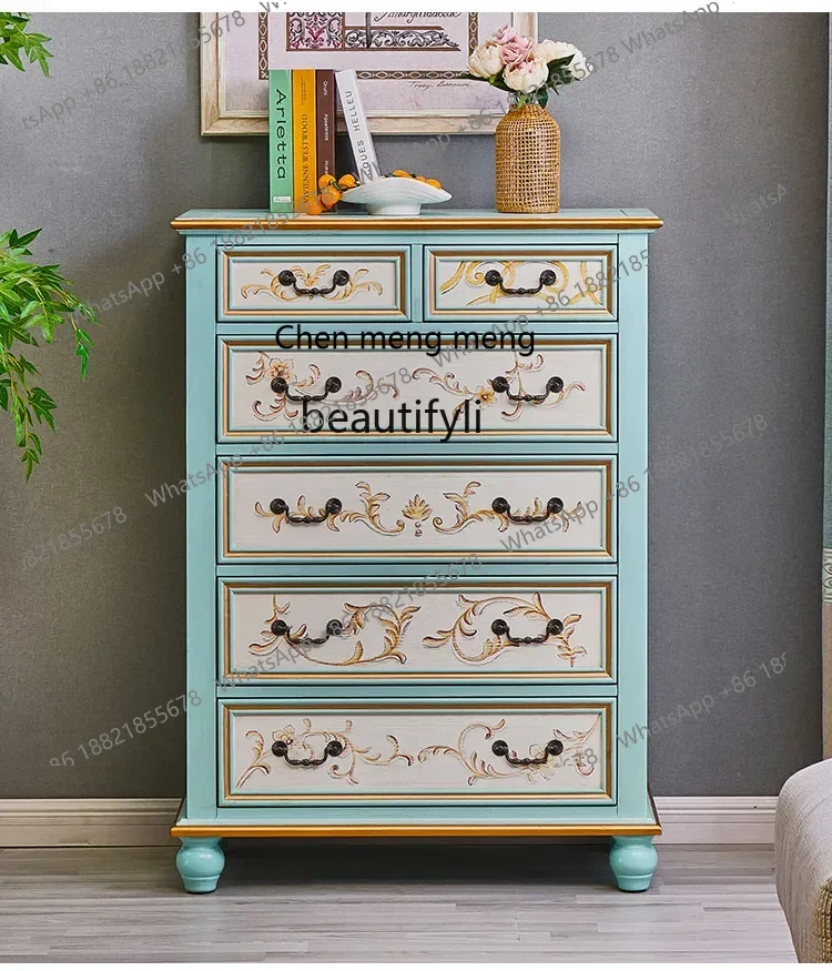 

zxAmerican chest full solid wood blue retro painted European living room bedroom six chest