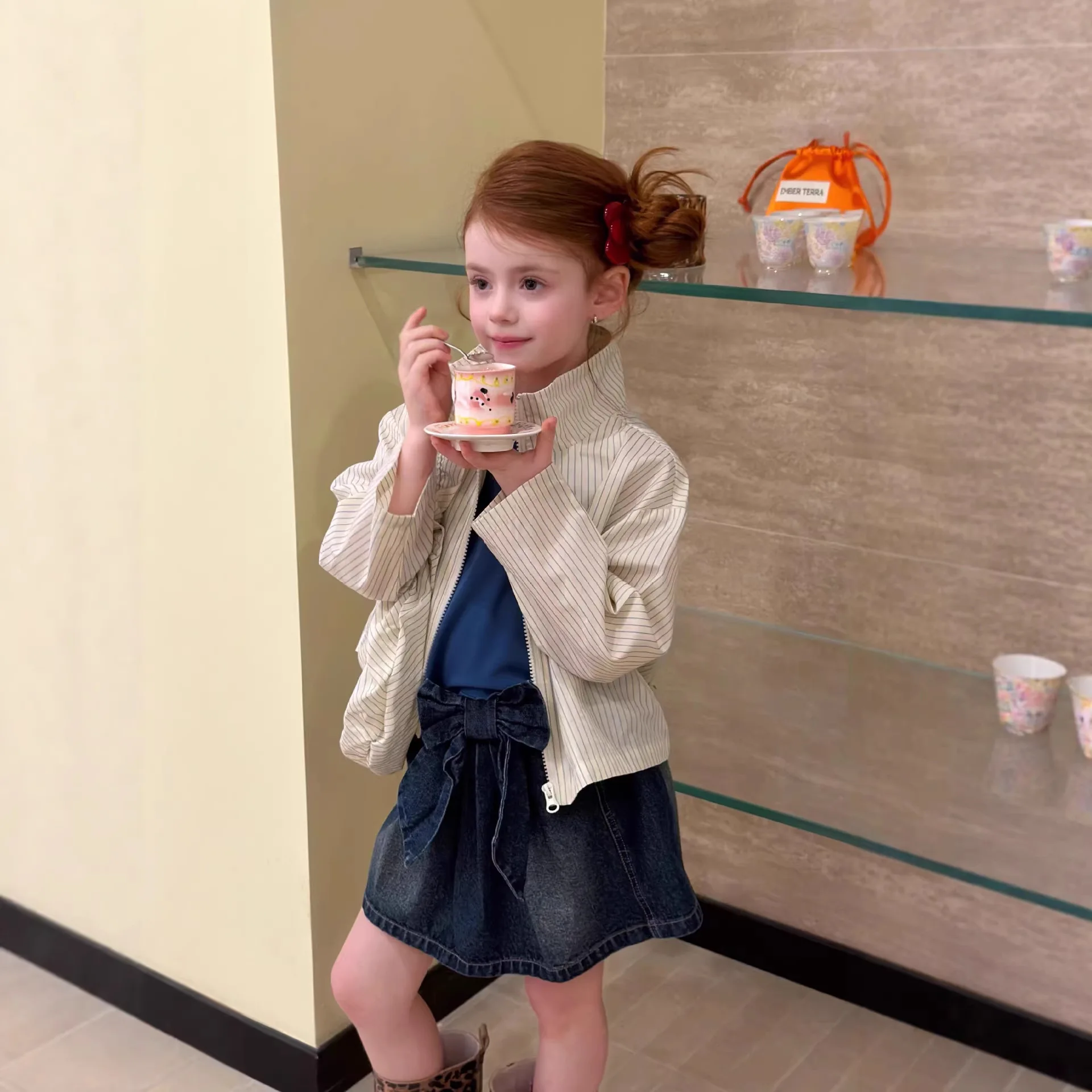 Girls' Coat 2026 Spring and Summer New Children's Clothing Korean Style Girl Baby Striped Thin Cotton Shirt Includes Bag