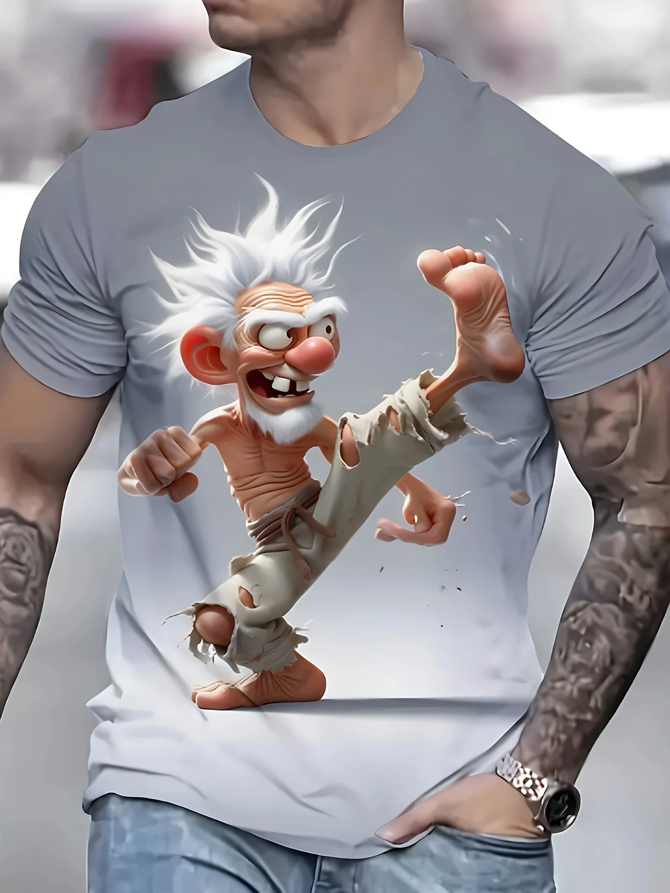 Men's Funny Cartoon Old Man Kick Print T-Shirt Casual O-Neck Short Sleeve Novelty 3D Graphic Tee Summer Street Tops