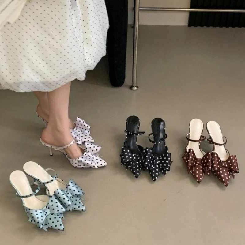 

Summer Slip On High Heel Polka Dot Women Sandals Fashion Butterfly-knot Singbacks Pumps Elegant Stripper Party Female Sandalias