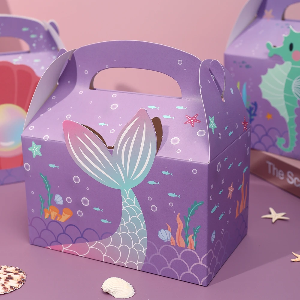 6pcs Mermaid Gift Paper Bags Ocean Pearl Mermaid Tail Cookie Candy Packing Box For Kids Birthday Party Supply Baby Shower Favors