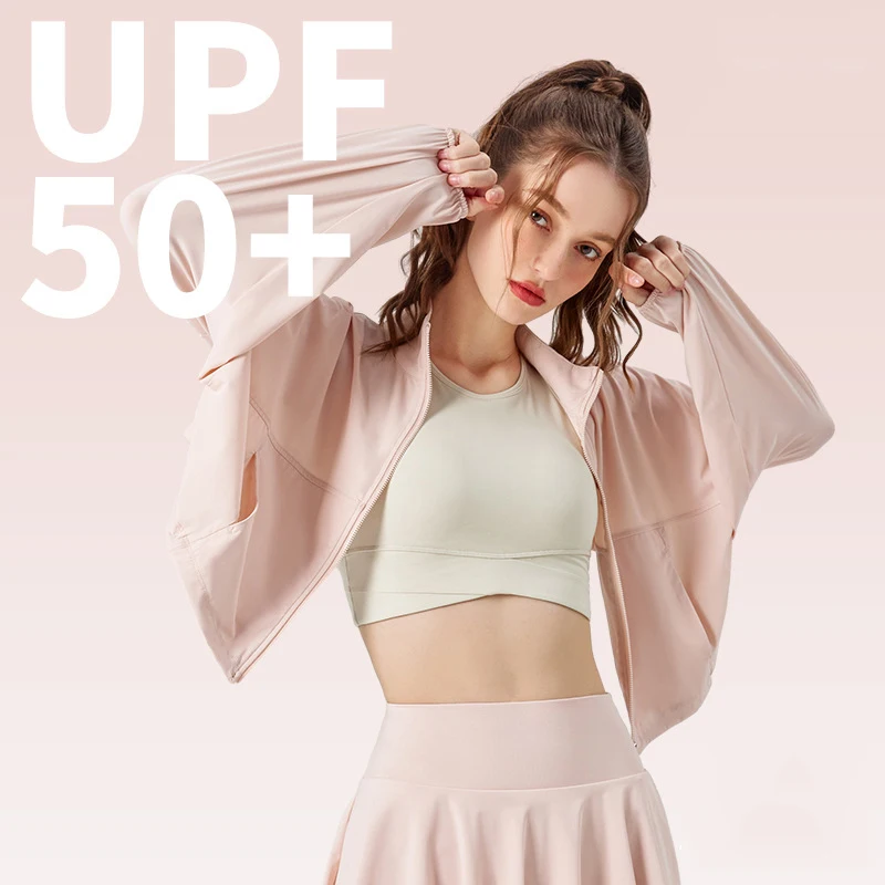 Stand Up Collar Pocket Cool Sun Protection Clothing UV Resistant Women's Outdoor Sports Fitness Jacket Loose Breathable Top