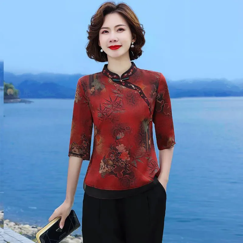Chinese Retro Stand Collar Summer Imitation Silk Floral Cheongsam Top For Mom S-4XL