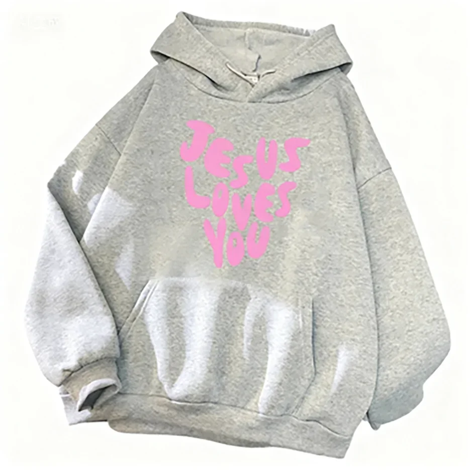 Jesus liebt mich Brief lustige Drucke Hoodies Frauen Herbst warme Sweatshirt Fleece All-Match-Kleidung Taschen-Hoodie