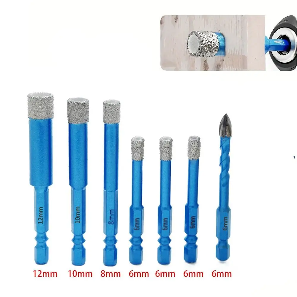 

7pcs /set 6-12mm Brazed Dry Drilling Bit Hex Shank Diamond Coated Tile Drill Bit Three Triangular Dril Easy Chip Removal
