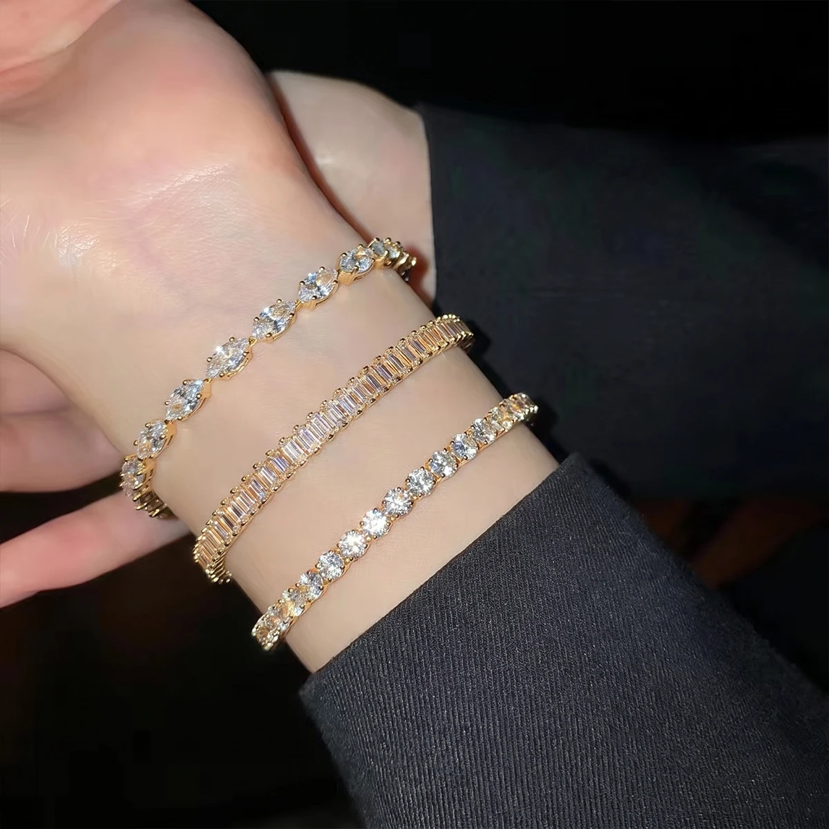 Ladies' Sparkling Cubic Zirconia Tennis Bracelet Set, Exquisite Stackable Gold Color Chain, Daily Banquet Wedding Jewelry