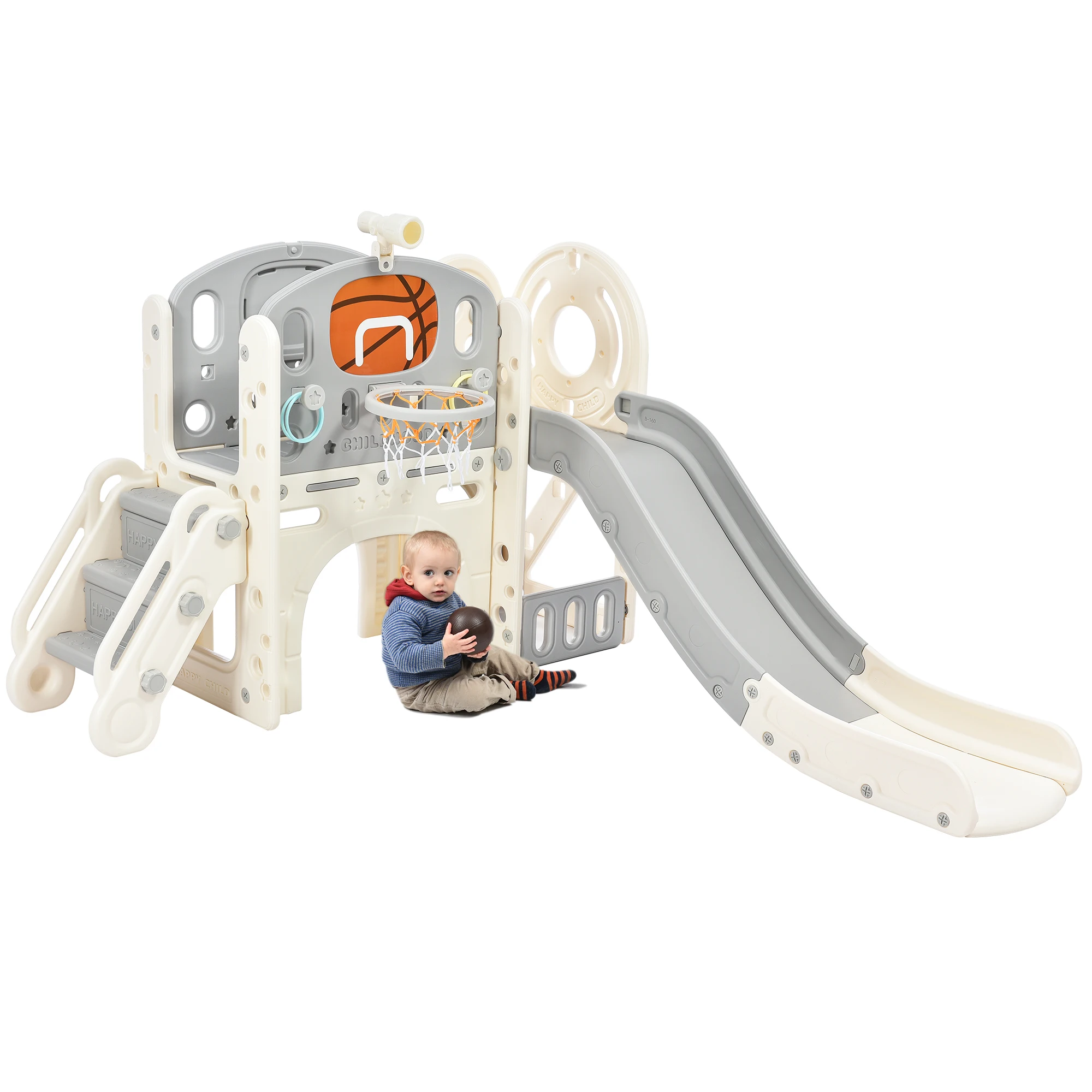 Kids' Slide Playset Estrutura, Castelo Autoportante Escalada Crawling Playhouse com Slide, Arch Tunnel, Ring Toss e Basquete