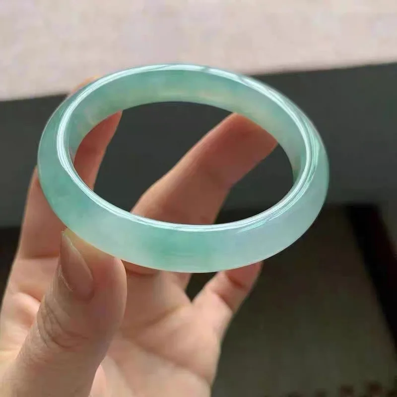 , ice-waxy type, Burmese clear water jade with a greenish tint, round bracelet for women