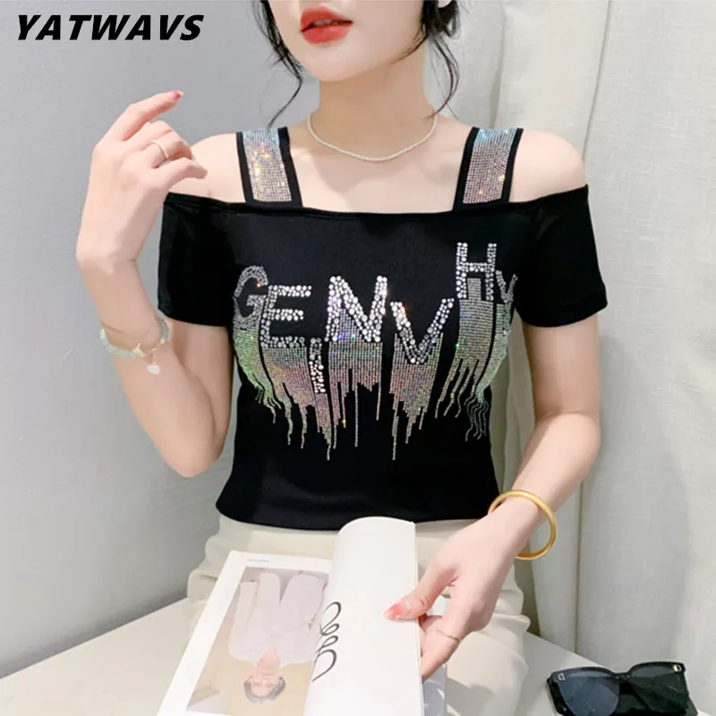 High Quality Streetwear Girl Summer T-shirts Chic Sexy Off Shoulder Shiny Hot Diamonds Top New Women Short Sleeve Slim Mesh Tees