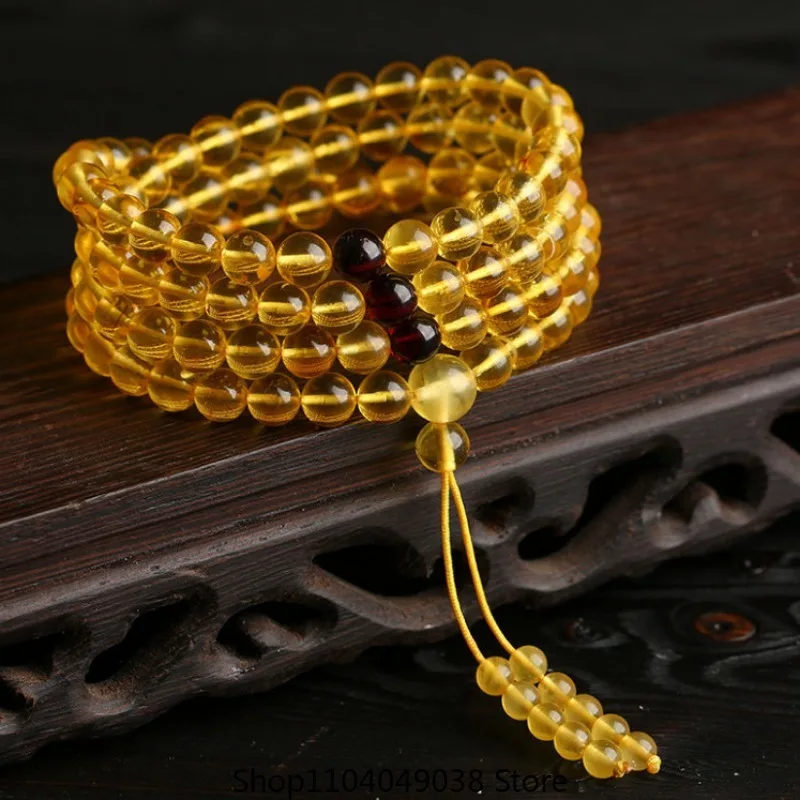 Pure Water Golden Pearl 108 Buddha Beads Bracelet Amber Honey Wax Simple and Versatile Pendant japamala 108 contas