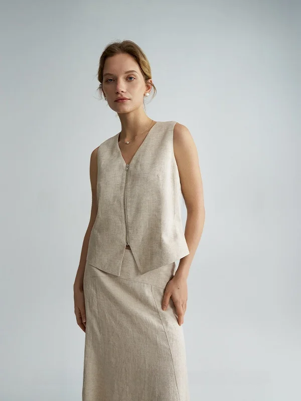 

2025 Spring New Style Casual Linen Vest Women's Commute Slimming Short V-Neck Zipper Closure Regular Thickness Pure Color
