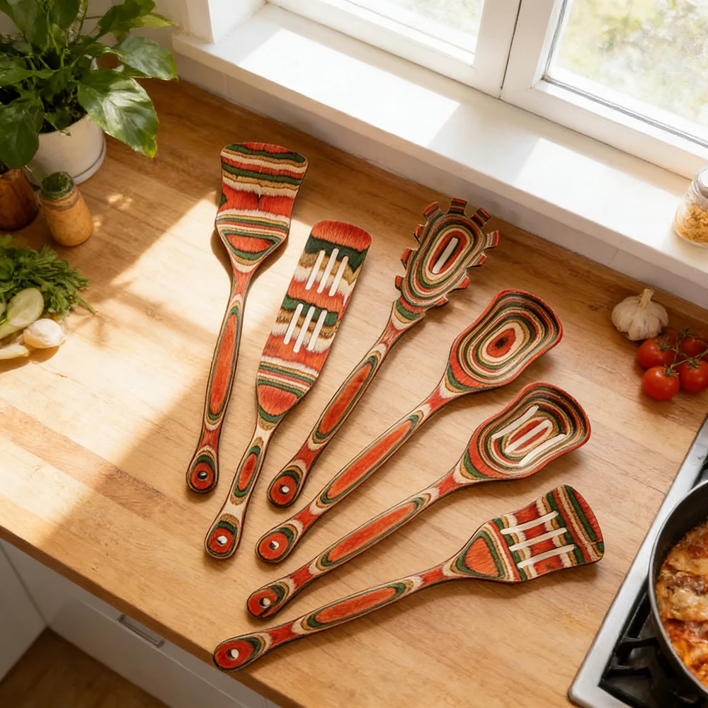

IK 6PCS Rainbow Wooden Cooking Utensils Non-Stick Heat Resistant Spatula Spoon Turner Pakkawood Kitchen Utensils for Cooking