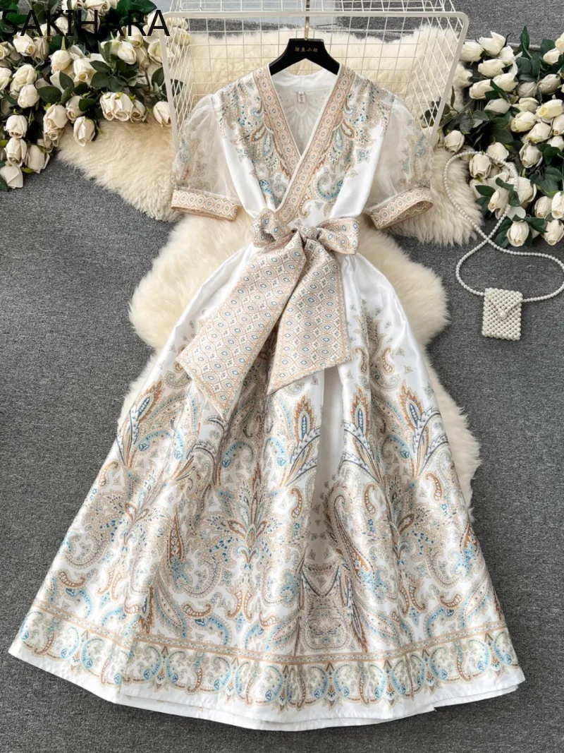 

Long Dresses for Women Vintage Temperament Print Femme Robe Bandage Slim Waist Puff Sleeve Office Lady Korean Vestido De Mujer