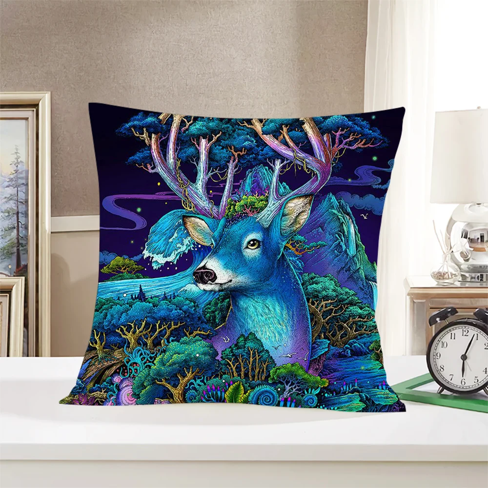 CLOOCL Fashion Pillowcase Ukiyo-e Ocean Waves Blue Forest Elk Pattern 3D Double-sided Printed Cushion Cover for Sofa Car Decor