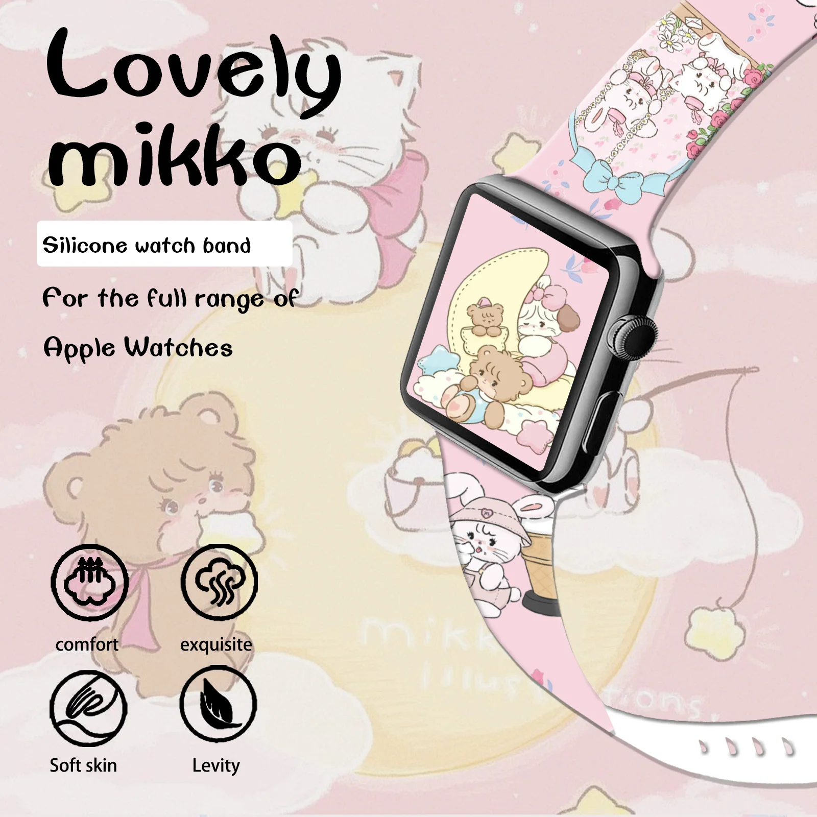 Cinturino con stampa serie Sweet & Healing Mikko per Apple Watch 11/10/9/8/7SE, cinturino in silicone di ricambio morbido e impermeabile 45 mm/44 mm/42 mm