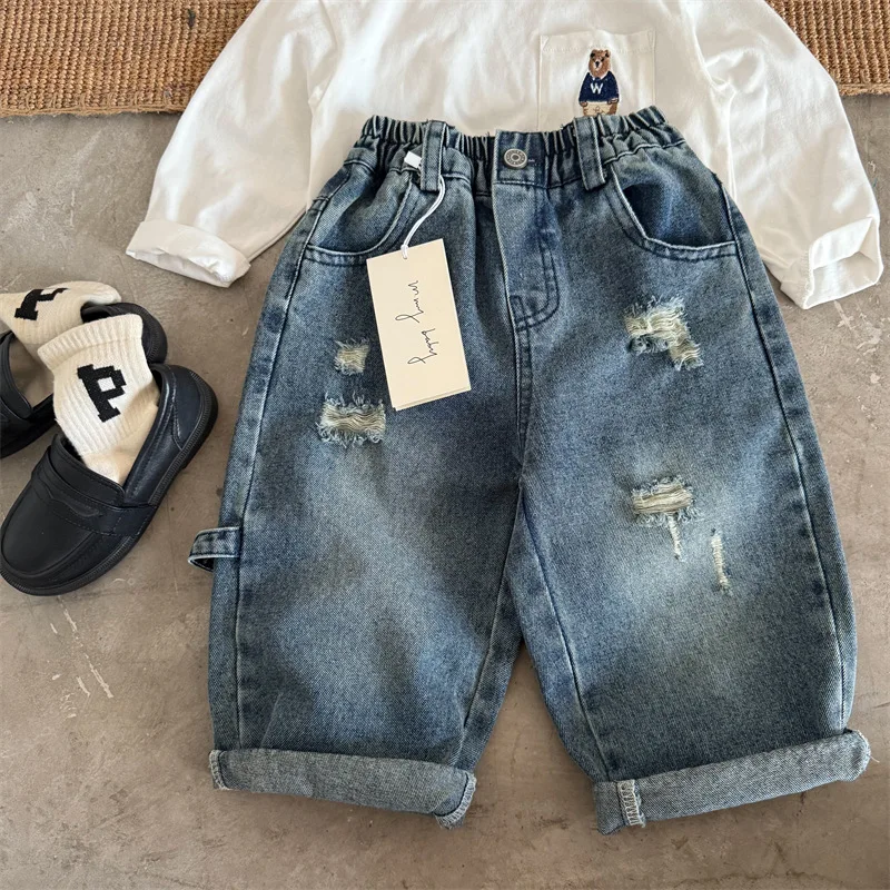 Children's Long Pants 2025 Autumn New Boys and Girls Solid Color Straight Jeans Baby Ripped Cargo Pants