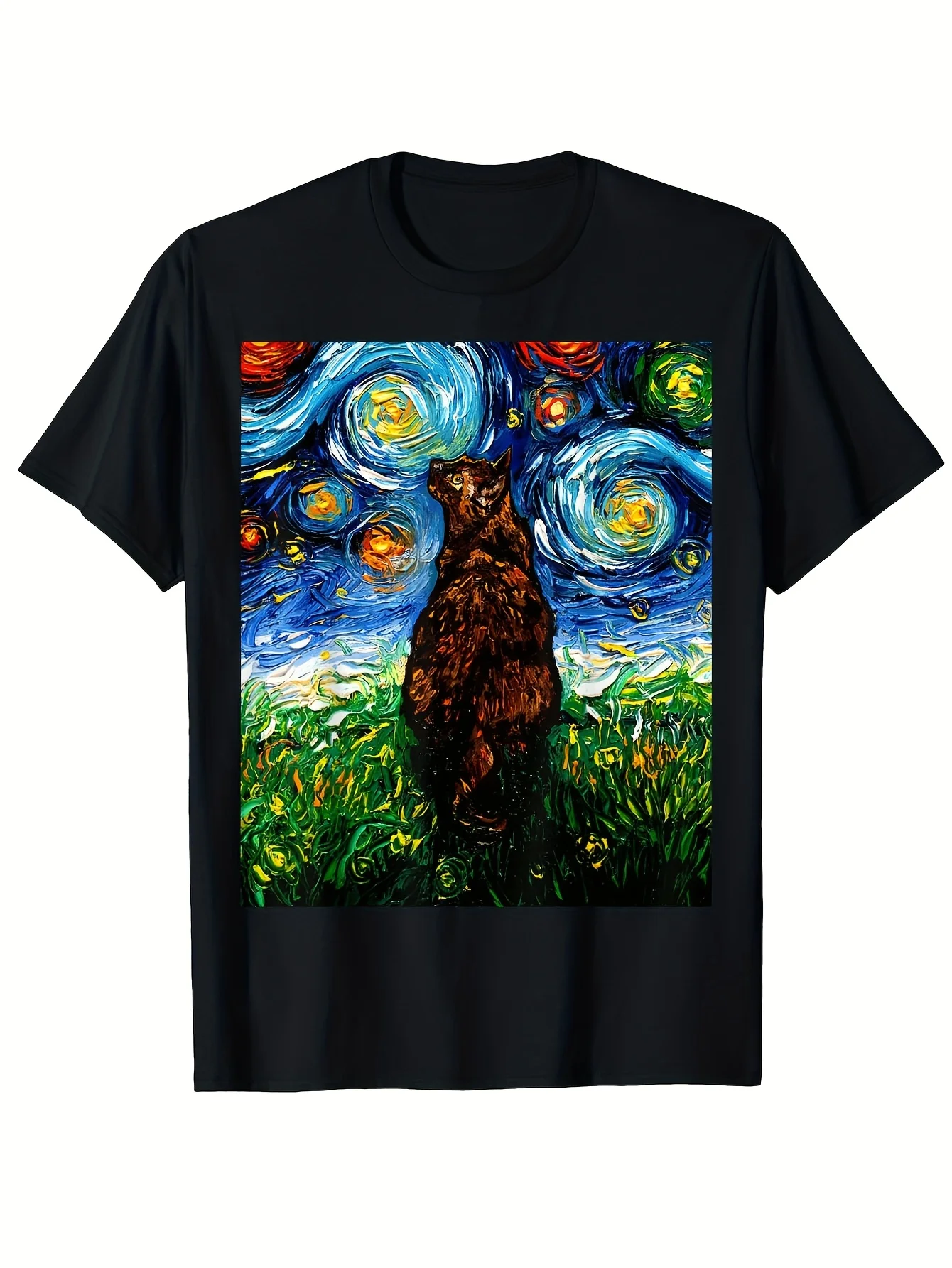 Top PickLocalAja Tortoiseshell Tortie Starry Night Cat Art T-Shirt - Van Gogh-Inspired Kitty Design, 100% Cotton Stretchy Sporty