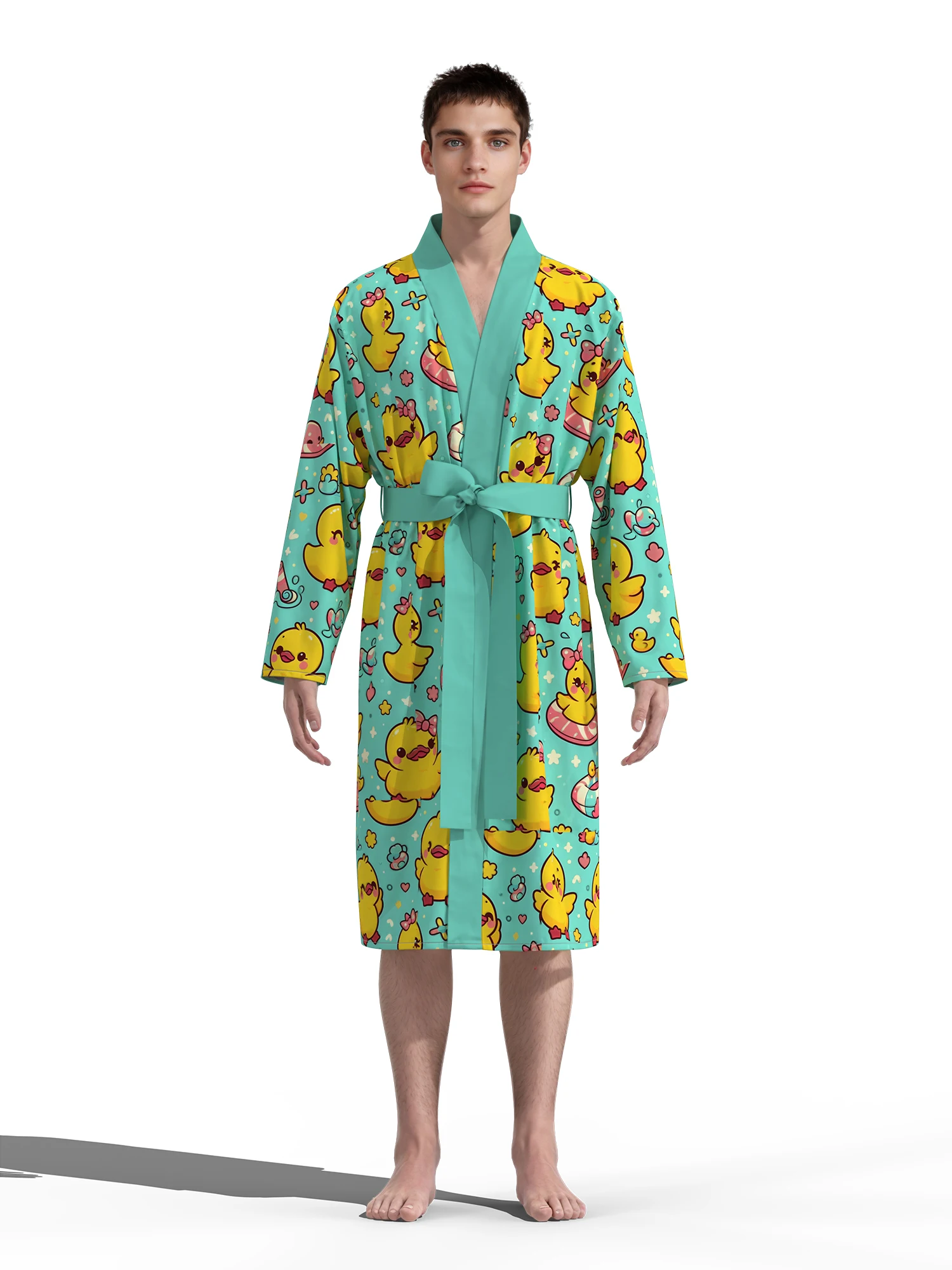 2026 new men's swimming duck home robe 3D digital full-print casual bathrobe spring and summer thin quick-drying home robe with