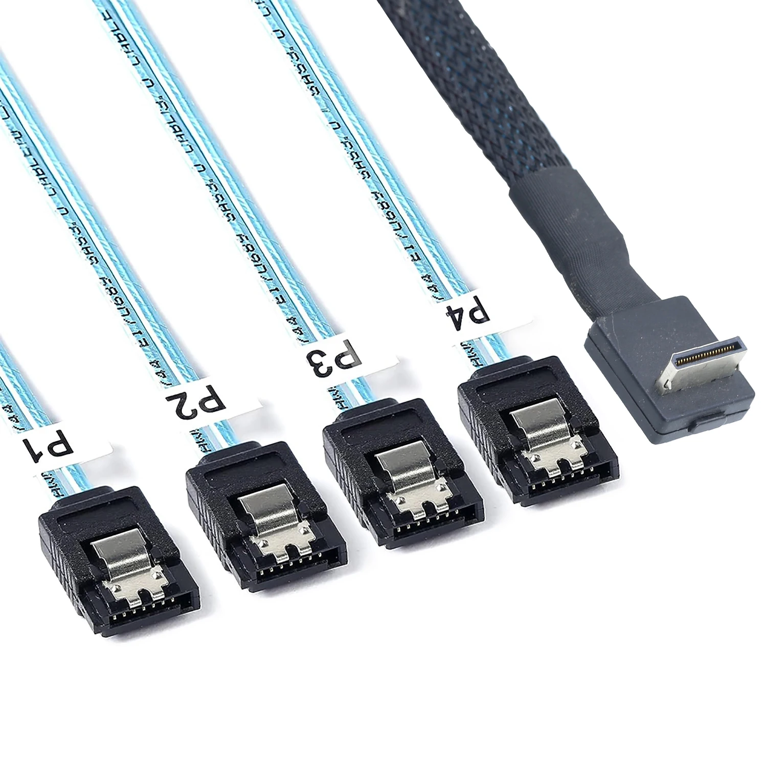 

OcuLink PCIe PCI-Express SFF-8611 4i 42P male 90 degree to 4X SATA 7P female straight SSD Data Active Cable