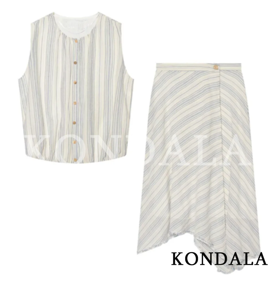 KONDALA Women Casual Chic Striped Skirt Set Elegant Sleeveless Buttons Vest, Rough Hem Midi Skirt 2026 Summer Trendy Holiday Set